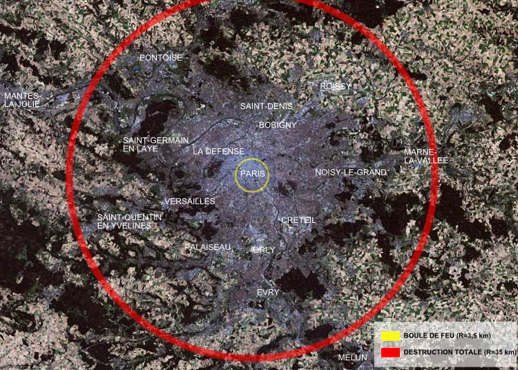 Радиус зоны сплошного поражения при взрыве, для наглядности наложенный на карту Парижа